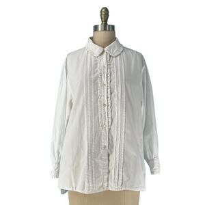 Vtg 80s/90s Laura Ashley Ruffle Front Button Down Shirt White sz 10